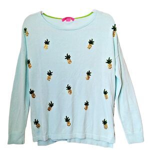 Lilly Pulitzer Womens Blue Knit Pineapple Embellished Long Sleeves Sweater M